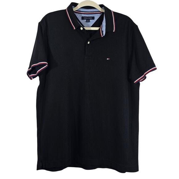 A Tommy Hilfiger Black Polo Shirt for Men Size L Short Sleeve Striped Sleeves - Picture 1 of 9
